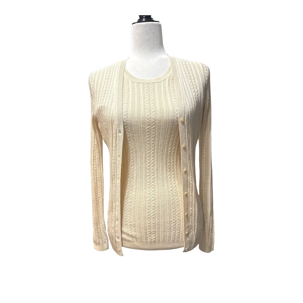 Brooks Brothers Silk Cashmere Twinset Cardigan Sweater Set Ivory Cable Knit S